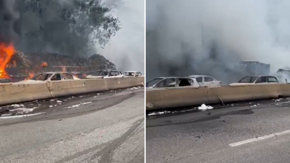 Imagens impressionantes mostram veículos queimados na BR-101 (Foto: Redes Sociais, Reprodução)