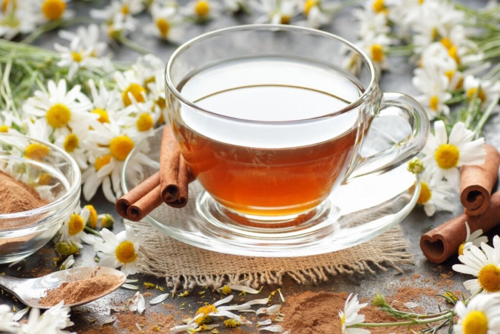 Ch&aacute; termog&ecirc;nico de camomila com canela e gengibre (Imagem: teatian | Shutterstock)