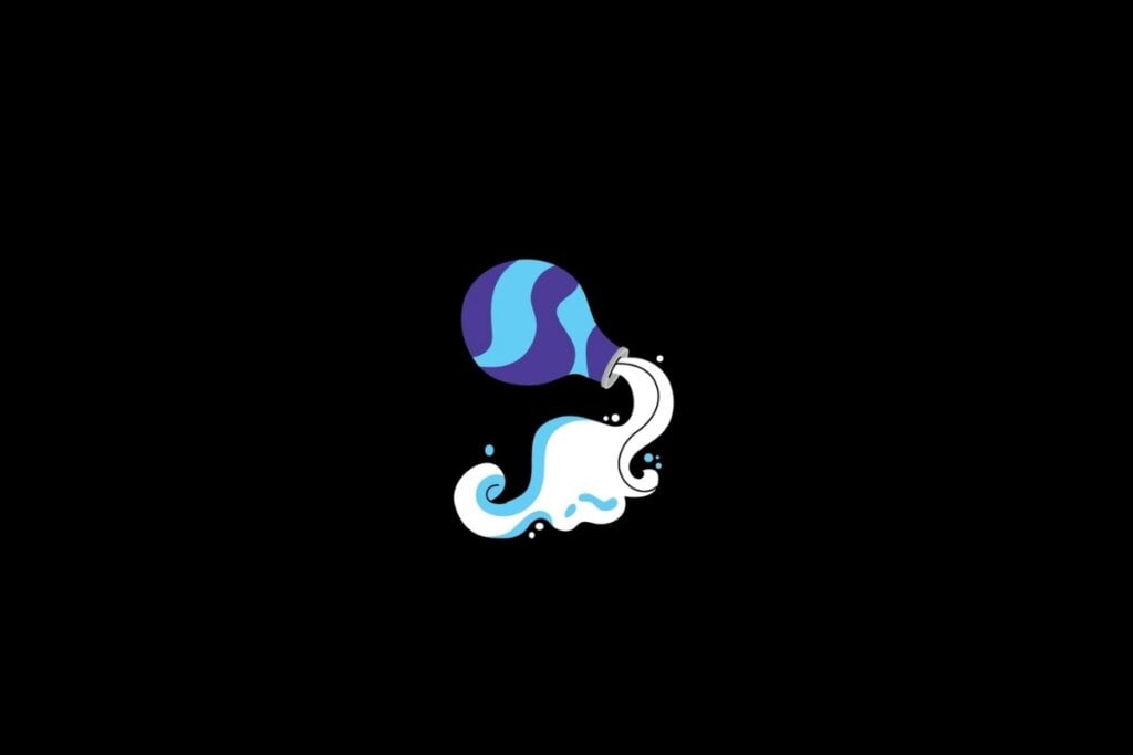 Ilustração do signo de aquário nas cores azul, roxo e branco em um fundo preto