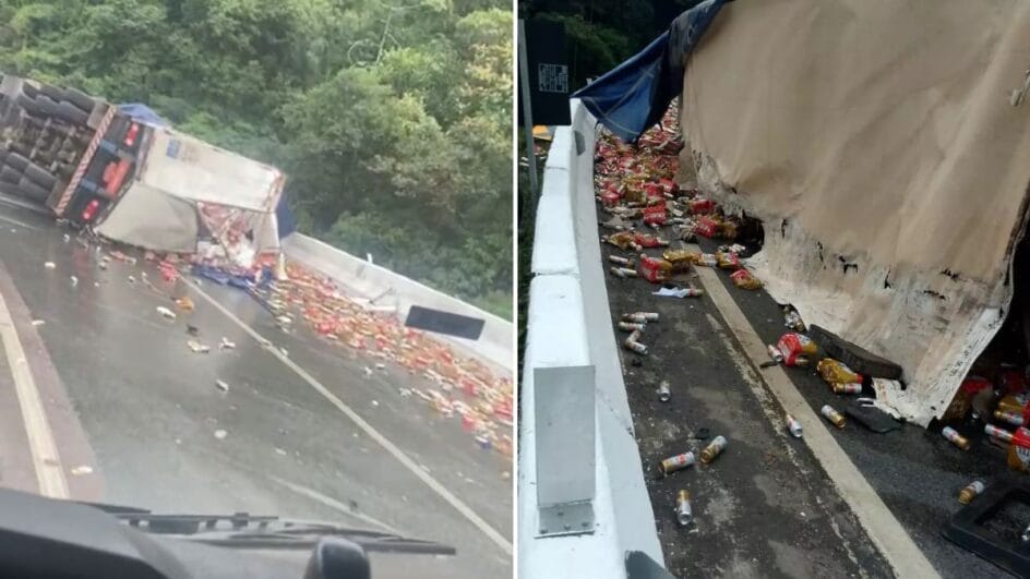 Caminhão com carga de cerveja tombou na BR-376 (Foto: Divulgação, PRF)