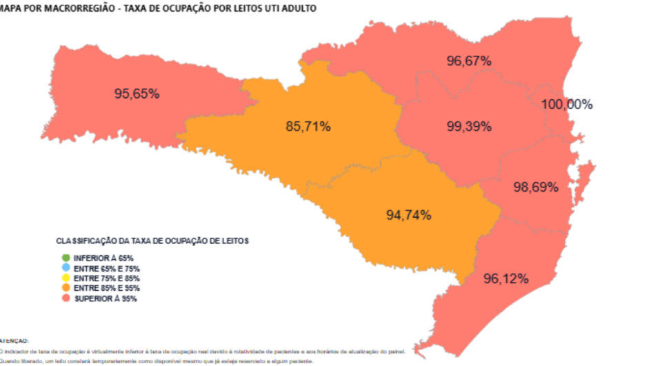 Mapa vermelho denuncia superlotação nos leitos da UTI adulta em SC em meio a doenças respiratórias