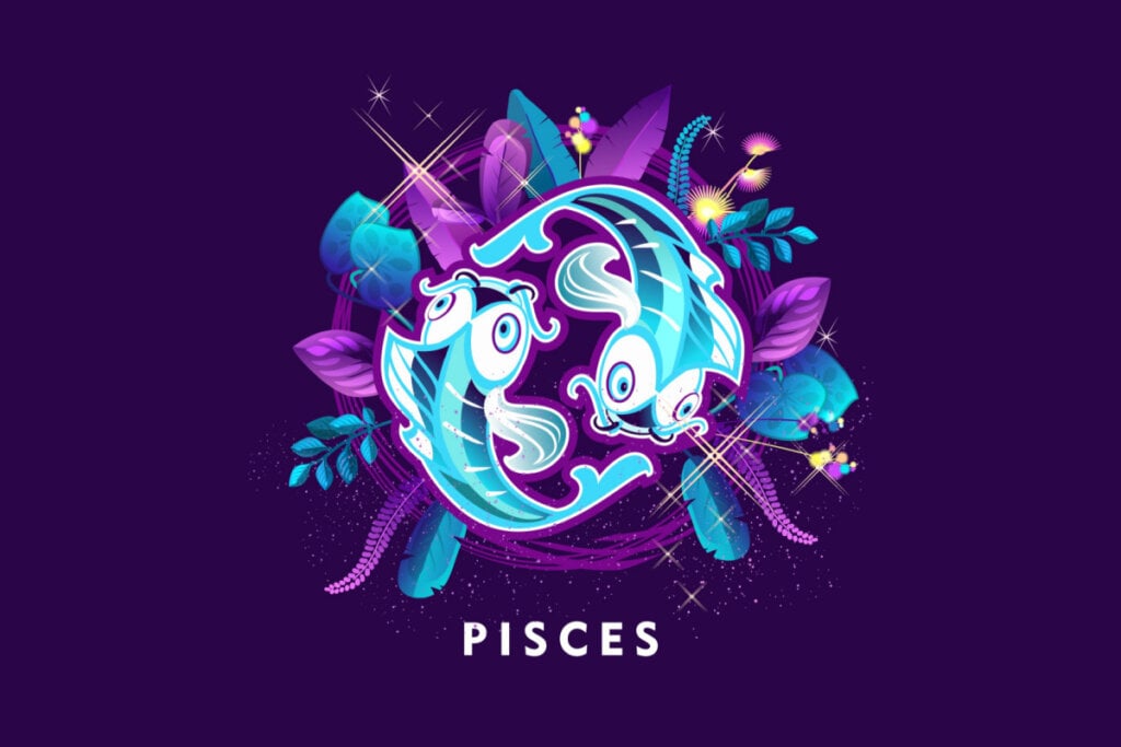 SÃmbolo do signo de Peixes em um fundo roxo