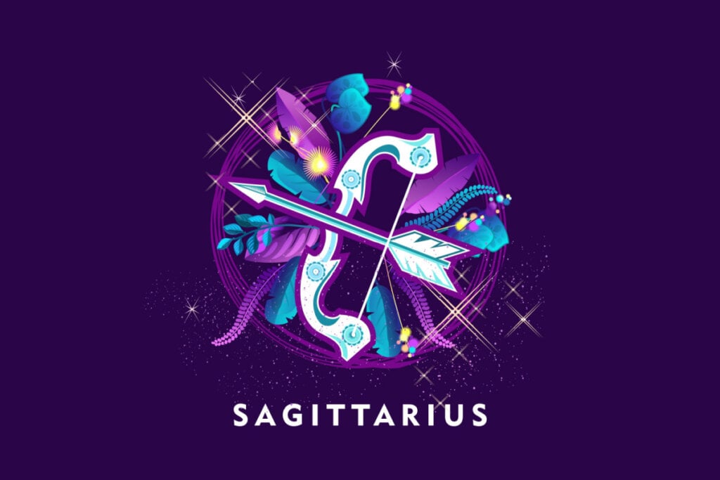 SÃmbolo do signo de Sagitário em um fundo roxo