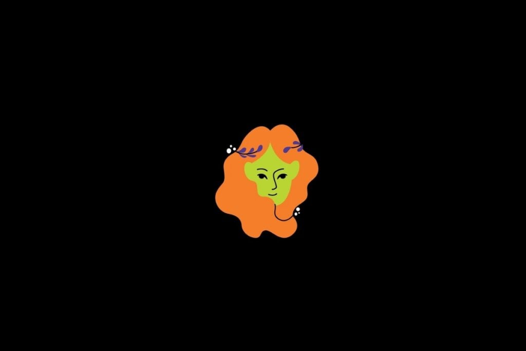 Ilustração do signo de virgem nas cores verde e laranja em um fundo roxo