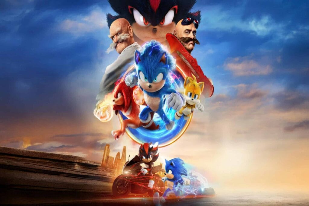 Ilustração dos personagens do filme Sonic um ao lado do outro saindo de um portal em formato de anel, e abaixo Sonic e Shadow em uma corrida