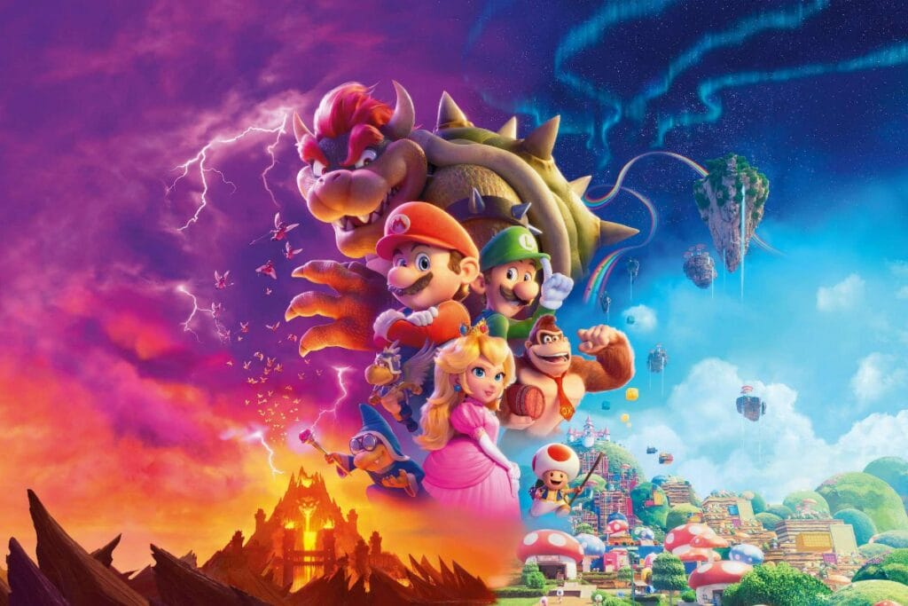 Ilustração dos personagens do jogo Super Mario Bros um ao lado do outro e um mundo dividido, com um castelo preto e o outro com casinhas coloridas