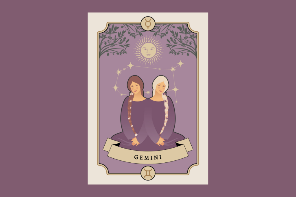 Imagem com ilustração de duas jovens uma ao lado da outra com roupas roxas e cabelos trançados uma com o cabelo castanho e outro loiro - representando o signo de Gêmeos