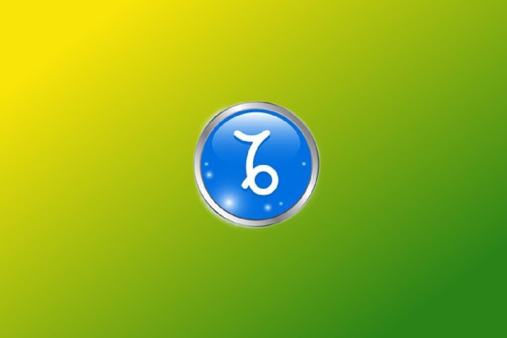 Ilustração do signo de Capricórnio com sÃmbolo branco curvo dentro de um cÃrculo azul com contorno prateado sobre fundo verde e amarelo
