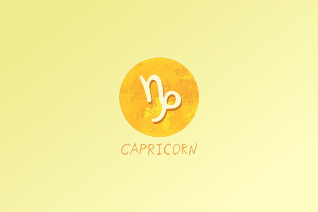 Ilustra&ccedil;&atilde;o do signo de Capric&oacute;rnio, com um s&iacute;mbolo estilizado que remete &agrave; letra "n" seguida de uma espiral, em fundo amarelo