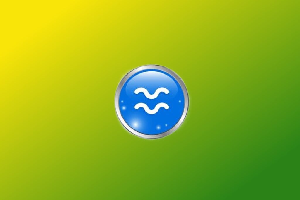 Ilustração do signo de Aquário com duas ondas brancas em cÃrculo azul com borda metálica sobre fundo verde e amarelo