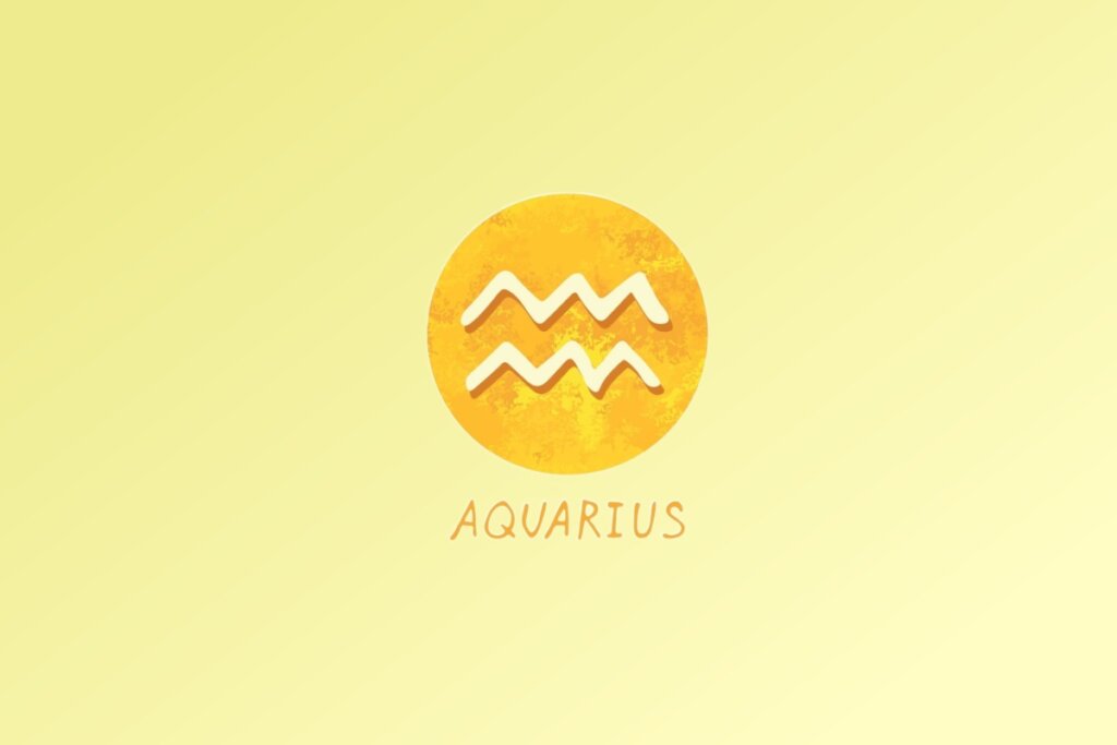 Ilustra&ccedil;&atilde;o do signo de Aqu&aacute;rio, com duas linhas onduladas paralelas simbolizando ondas de &aacute;gua ou energia, em fundo amarelo