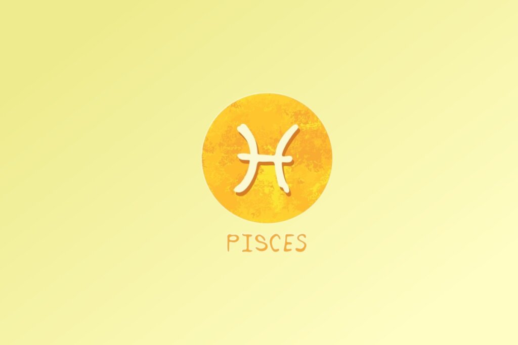 Ilustra&ccedil;&atilde;o do signo de Peixes, com dois arcos curvados conectados por uma linha central representando dois peixes nadando em sentidos opostos, em fundo amarelo