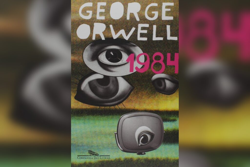 Capa do livro "1984", de George Orwell, com ilustra&ccedil;&otilde;es de olhos e uma televis&atilde;o