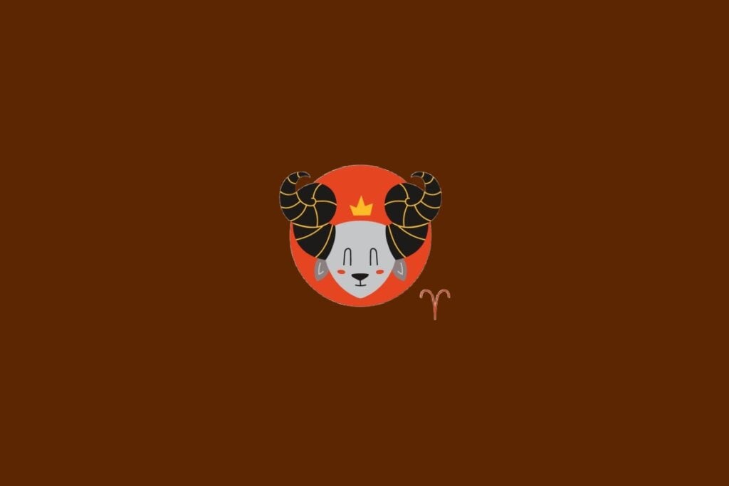 Ilustração do signo de Ãries, representado por um carneiro com chifres dourados e pretos e um fundo vermelho