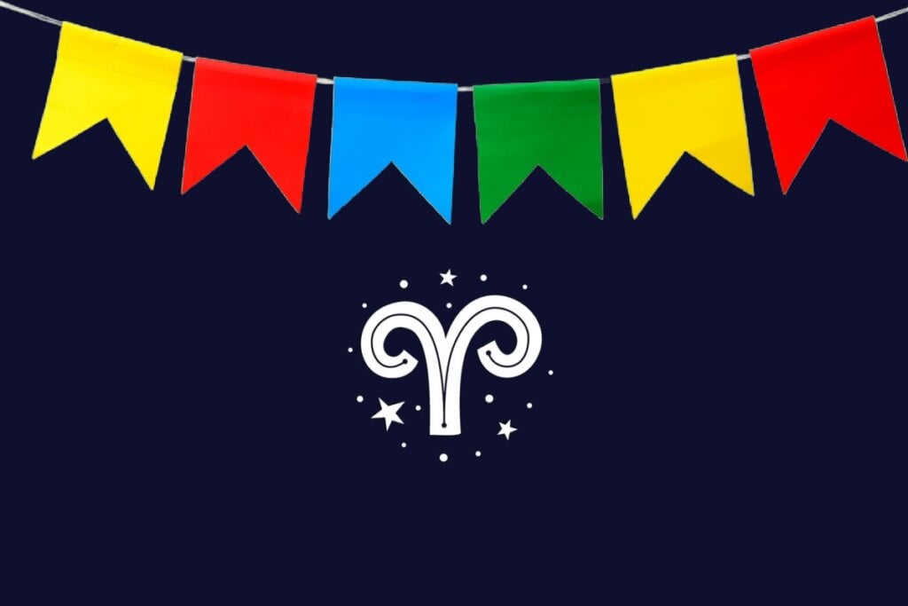 Ilustração do signo de Ãries com linha branca curva para fora como chifres de carneiro, fundo azul-escuro e bandeirinhas coloridas