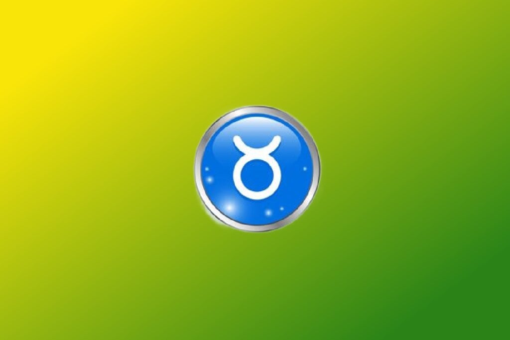 Ilustração do signo de Touro com sÃmbolo branco com chifres em cÃrculo azul com borda prateada sobre fundo verde e amarelo