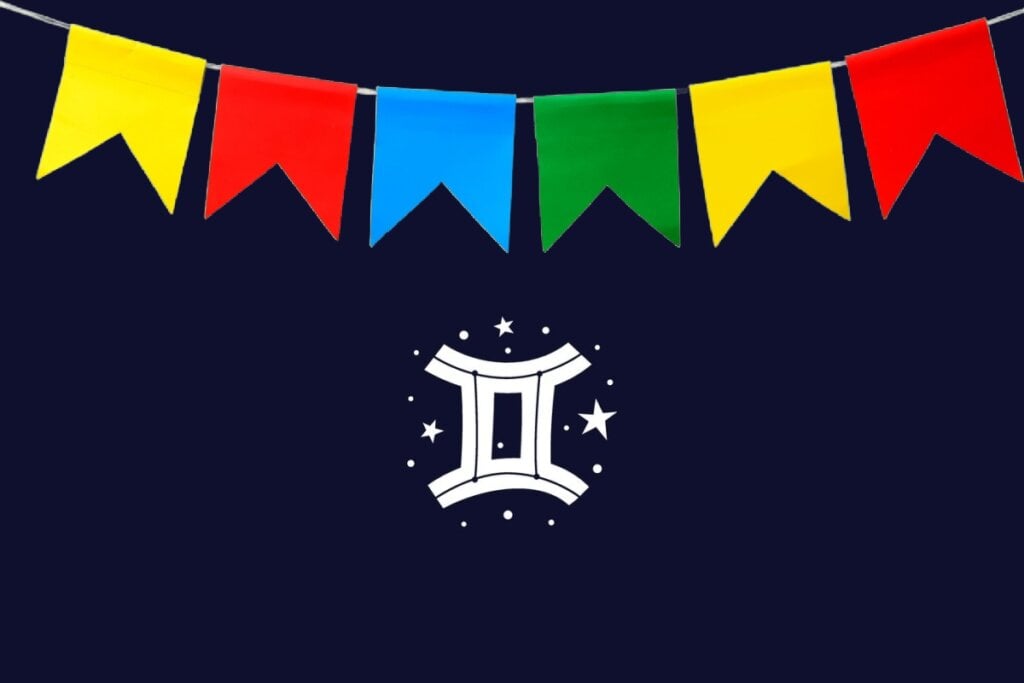 Ilustração do signo de Gêmeos com dois traços verticais unidos por barras brancas, em fundo azul-escuro com bandeirinhas