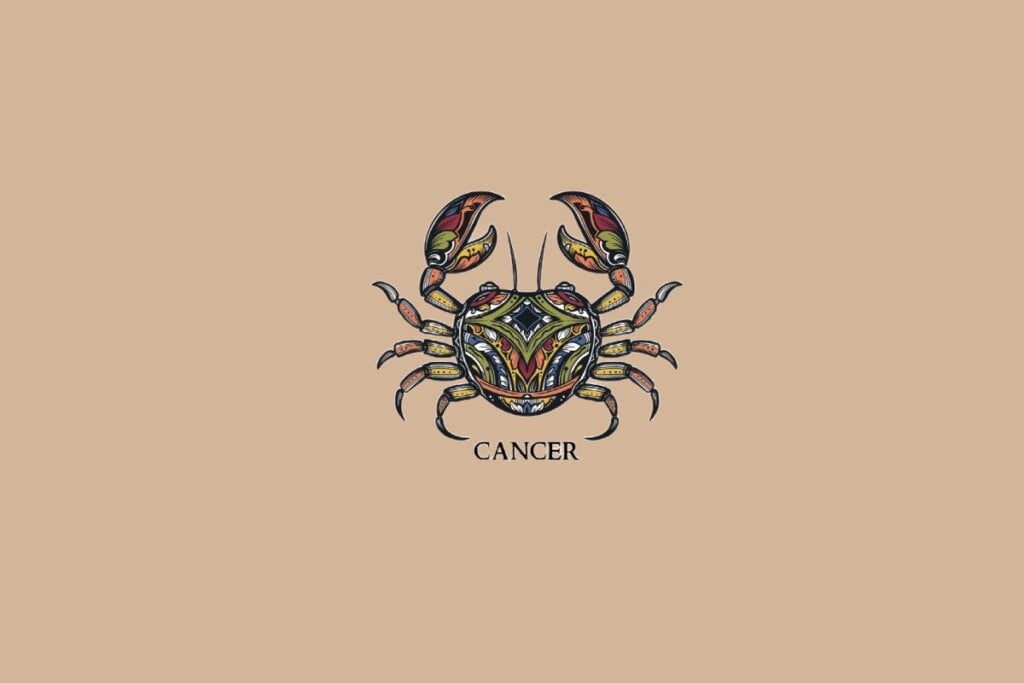 Ilustração do sÃmbolo de Câncer, representado por um caranguejo estilizado com detalhes geométricos