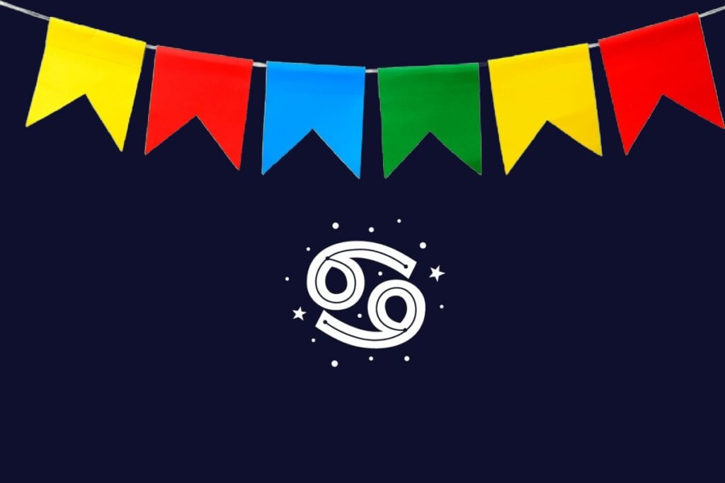 Ilustração do signo de Câncer com dois cÃrculos ligados por curvas brancas, fundo escuro e bandeiras vermelha, azul, verde e amarela