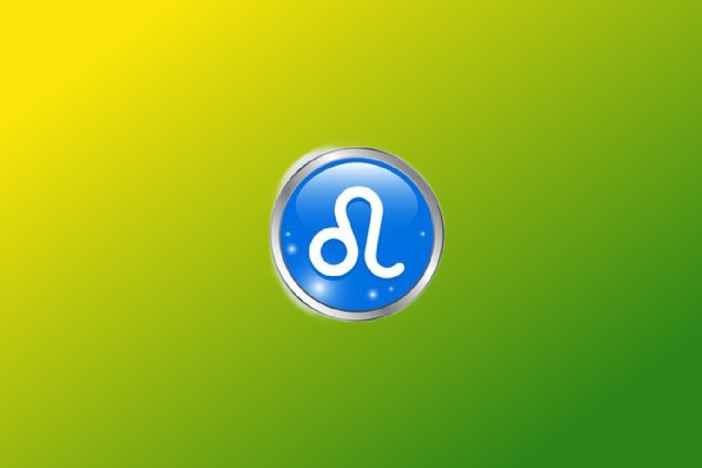 Ilustração do signo de Leão com sÃmbolo branco semelhante a uma cauda em cÃrculo azul com contorno metálico sobre fundo verde e amarelo