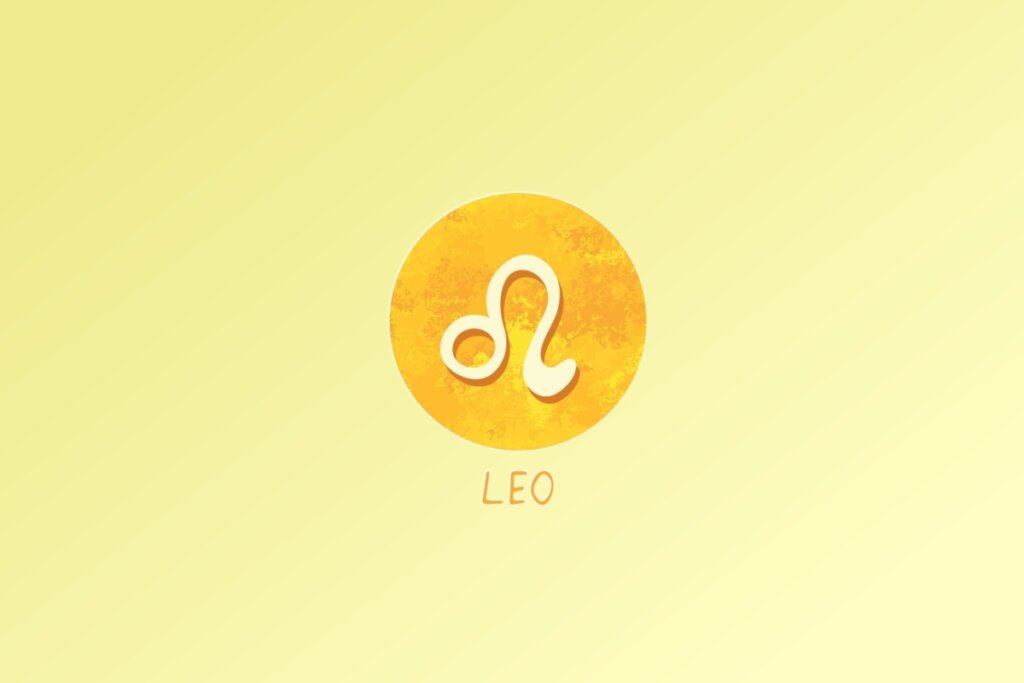 Ilustra&ccedil;&atilde;o do signo de Le&atilde;o, com um desenho curvo que lembra a juba de um le&atilde;o ou uma cauda em espiral, em fundo amarelo