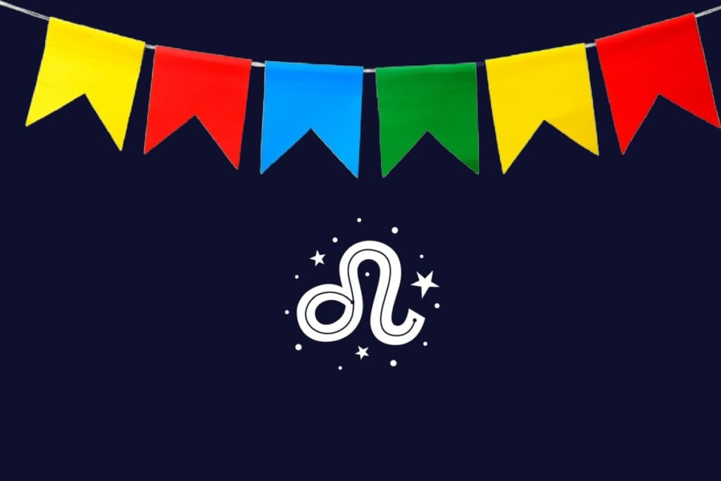 Ilustração do signo de Leão com linha branca curva formando uma espiral, fundo azul-escuro e bandeirinhas juninas coloridas