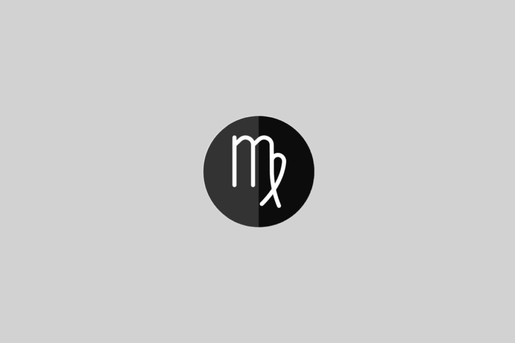 Ilustração do signo de Virgem, contendo traço branco em forma de "m" com um laço, sobre fundo cinza e cÃrculo preto bipartido ao centro