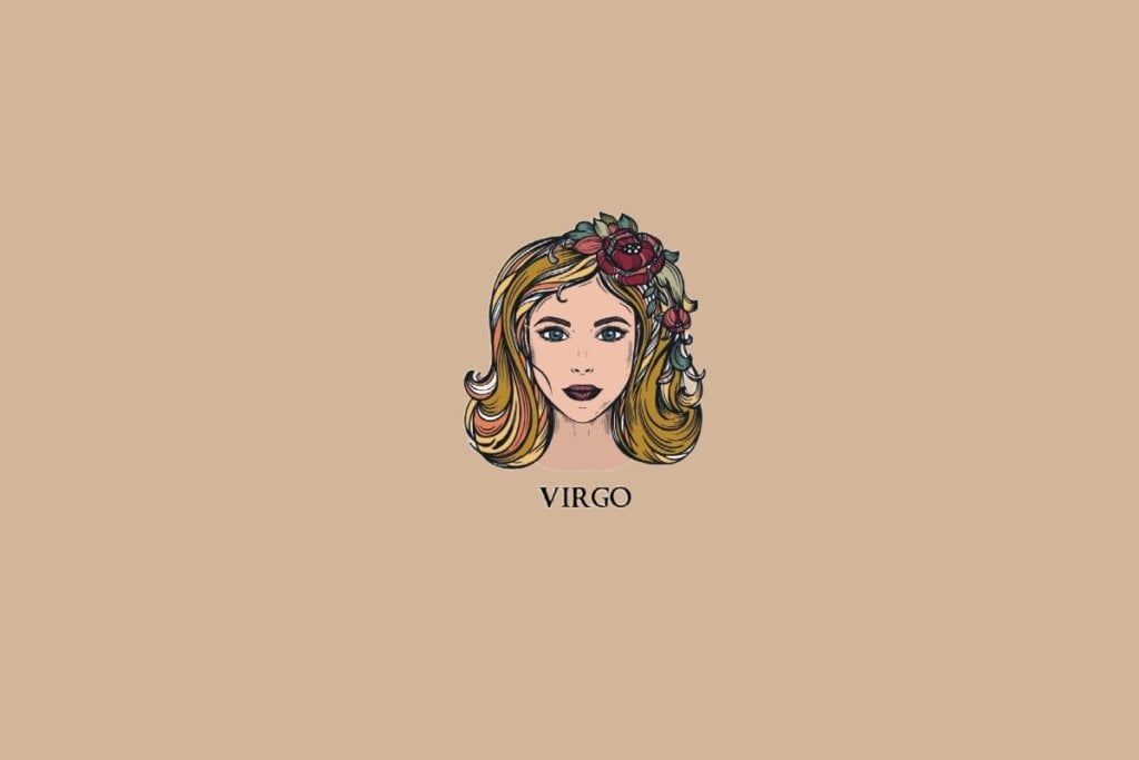 Ilustração do sÃmbolo de Virgem, representado por um rosto feminino com cabelos loiros e ornamentos florais