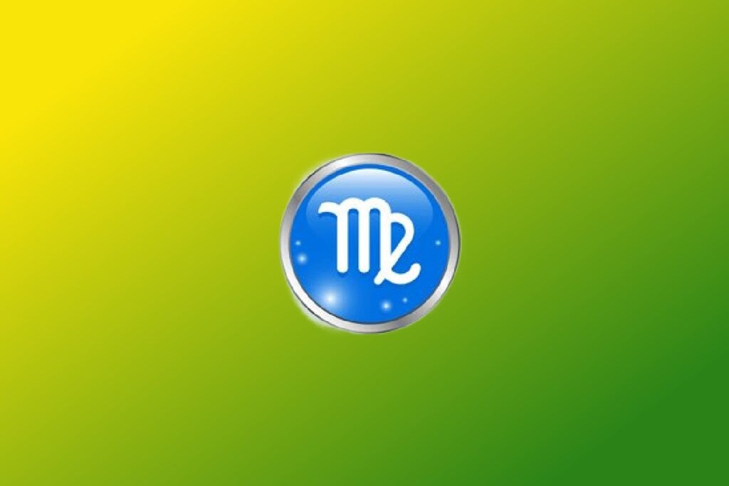 Ilustração do signo de Virgem com sÃmbolo branco curvado semelhante a um M em cÃrculo azul com borda prateada sobre fundo verde e amarelo