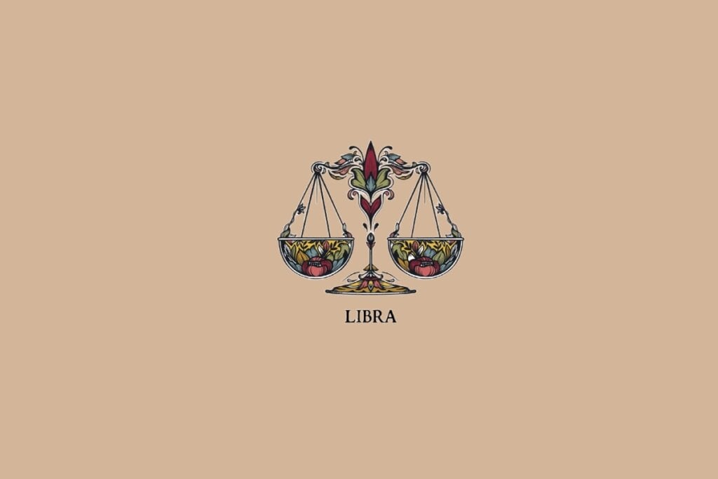 Ilustração do sÃmbolo de Libra, representado por uma balança com detalhes ornamentais