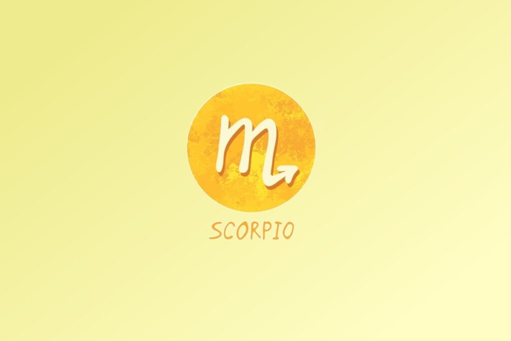 Ilustra&ccedil;&atilde;o do signo de Escorpi&atilde;o, com uma letra "m" estilizada terminando em uma seta apontando para cima, em fundo amarelo
