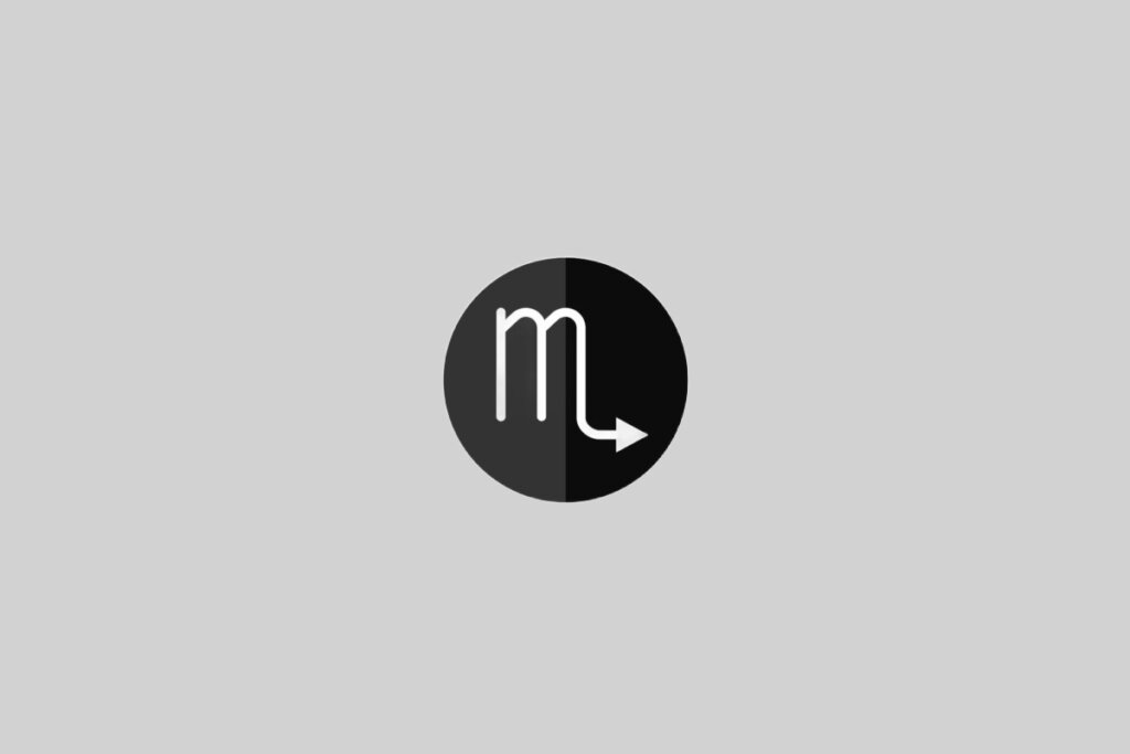 Ilustração do signo de Escorpião, contendo traço branco em forma de "m" com seta ao final, sobre fundo cinza com cÃrculo preto dividido ao meio em dois tons.
