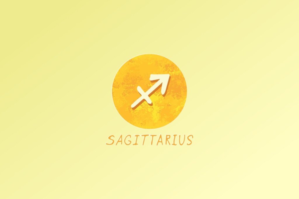 Ilustra&ccedil;&atilde;o do signo de Sagit&aacute;rio, com uma seta diagonal voltada para cima e para a direita simbolizando o arqueiro, em fundo amarelo
