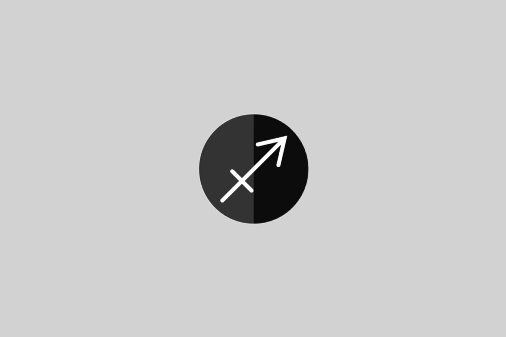 Ilustração do signo de Sagitário, contendo uma flecha branca apontada para cima e para a direita, sobre fundo cinza com cÃrculo preto bipartido