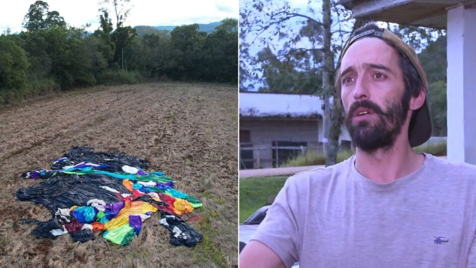 Balão caiu no interior de Praia Grande e Bernardino (à direita na foto) encontrou sobrevivente procurando por companheiro morto no acidente (Fotos: Patrick Rodrigues, NSC Total / Reprodução, NSC TV)
