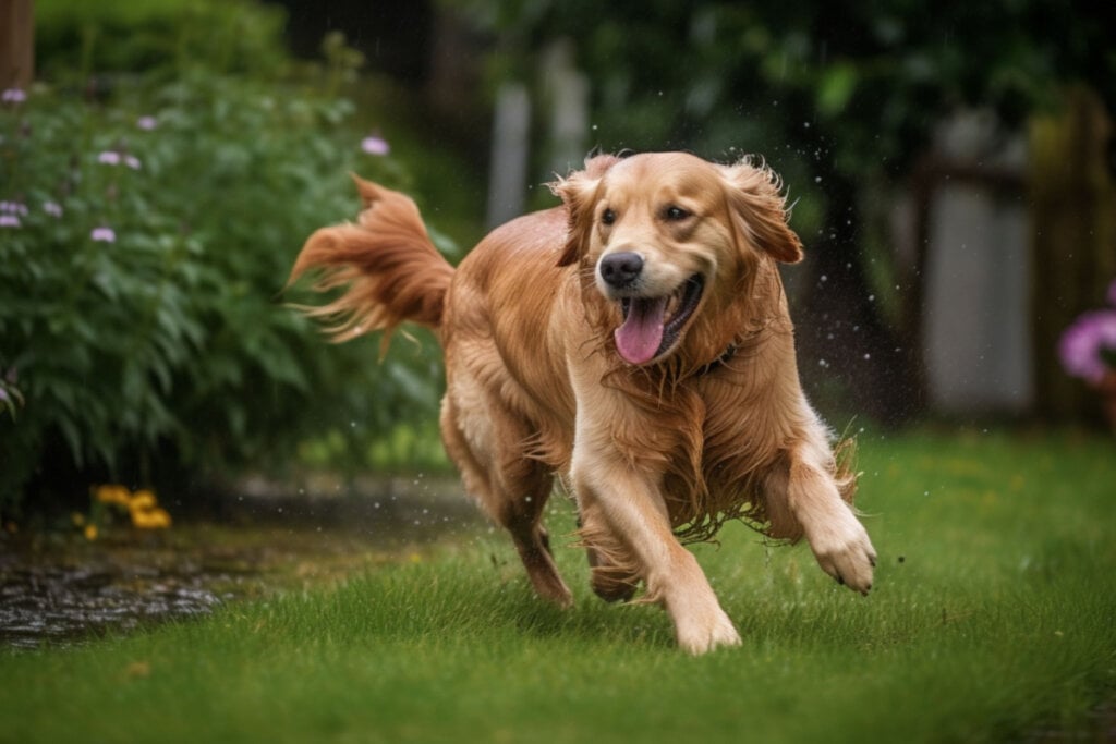 Golden retriever correndo na grama