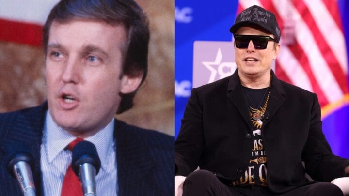 Donald Trump em uma coletiva de imprensa da USFL em 1985; Elon Musk na Conservative Political Action Conference 2025 (Fotos: Gotfryd, Bernard, Wikimedia Commons, Gage Skidmore, Flickr)