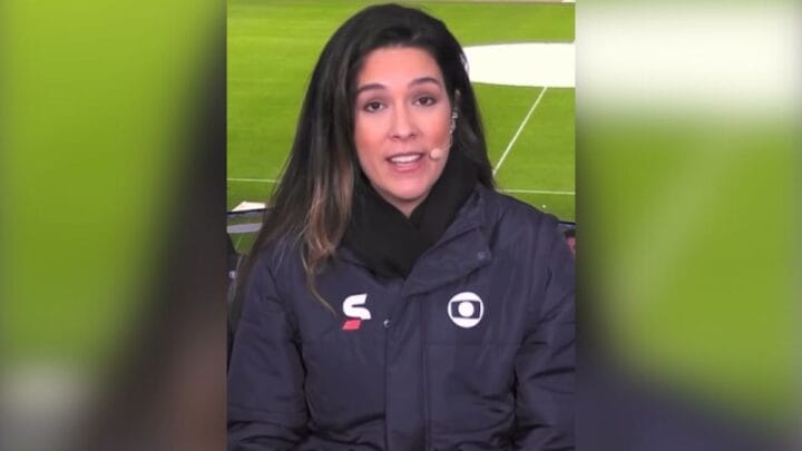 Renata Silveira anunciou gravidez no intervalo do jogo (Foto: Reprodução, TV Globo)
