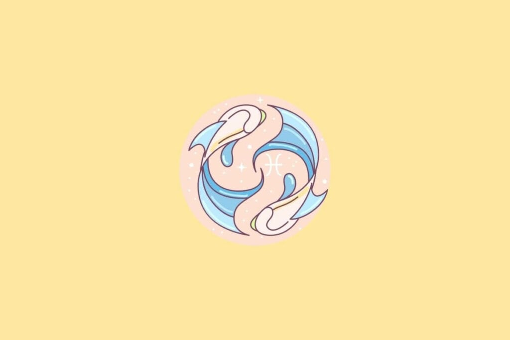 Ilustração do signo de Peixes em um cÃrculo em cima de um fundo laranja