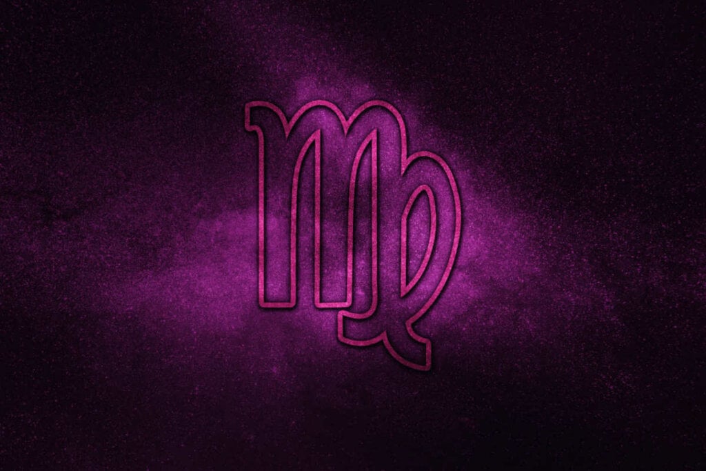 Ilustração do signo de Virgem com um fundo roxo brilhante