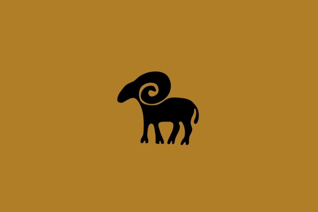 Ilustração do signo de Ãries com a figura de um carneiro preto de chifres enrolados sobre um fundo marrom