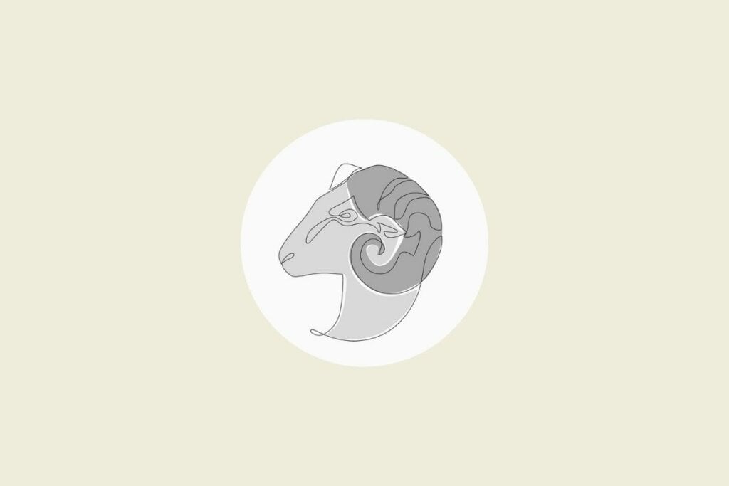 Ilustração do signo de áries em preto e branco, dentro de um círculo, sobre um fundo bege-claro