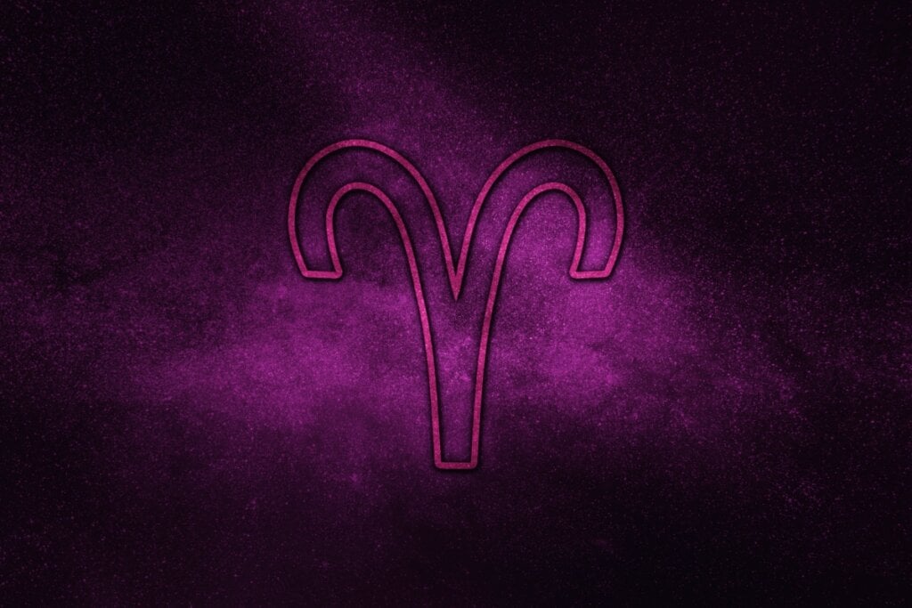 Ilustração roxa do sÃmbolo de áries com fundo roxo brilhante