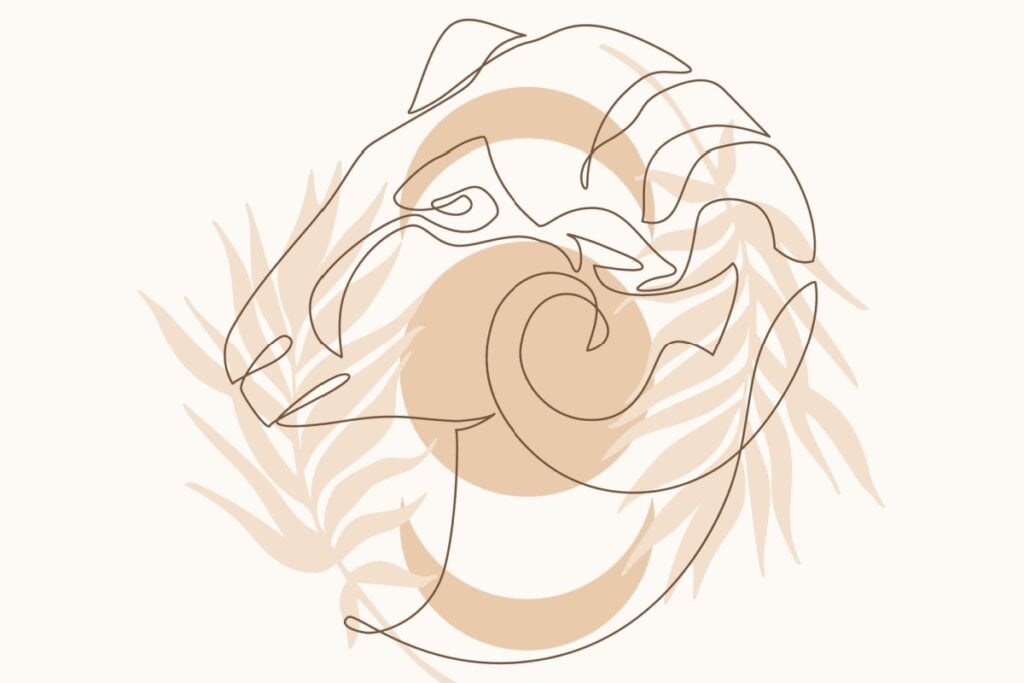 IlustraÃ§Ã£o com folhas do signo de Ãries em um fundo rosa