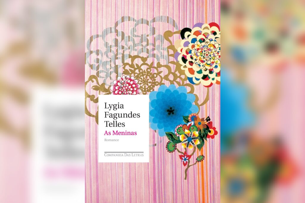 Capa do livro "As Meninas" com flores sobre listras verticais coloridas