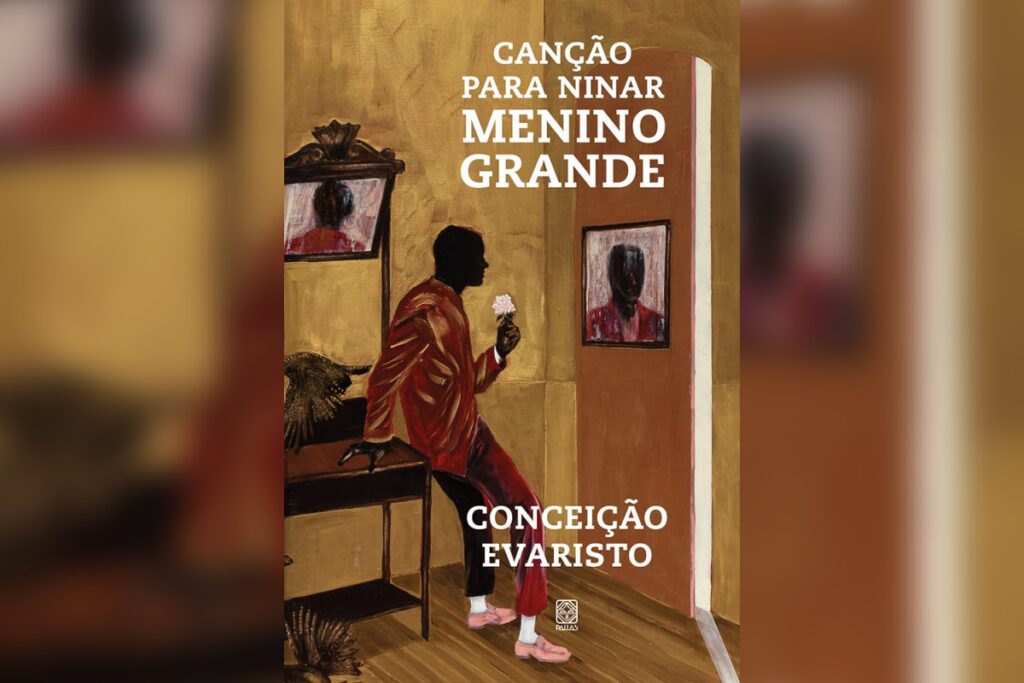 Capa do livro com homem negro sentado segurando flor em ambiente com espelho