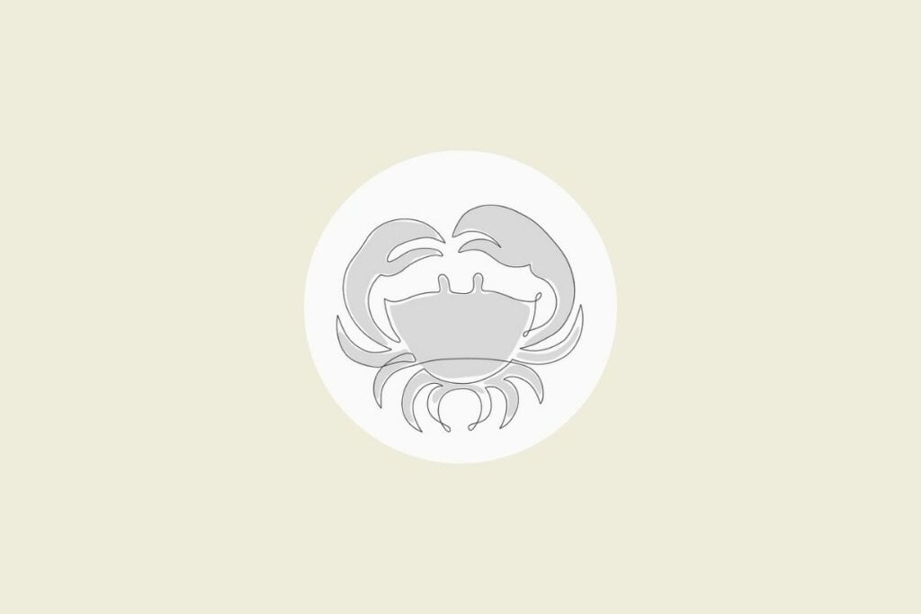 Ilustração do signo de câncer em preto e branco, dentro de um círculo, sobre um fundo bege-claro