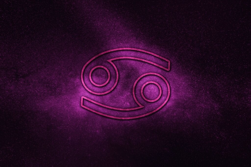 Ilustração roxa do sÃmbolo de câncer com fundo roxo brilhante