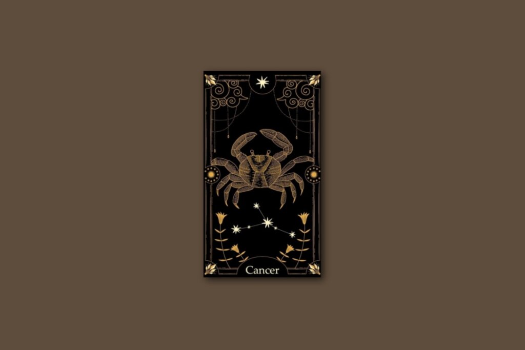 Ilustração de uma carta preta, com o desenho do signo e da constelação de câncer, com borda dourada e estrelas