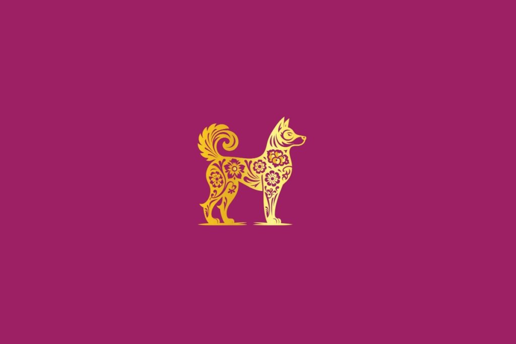 Ilustração de um cão dourado em um fundo rosa-escuro